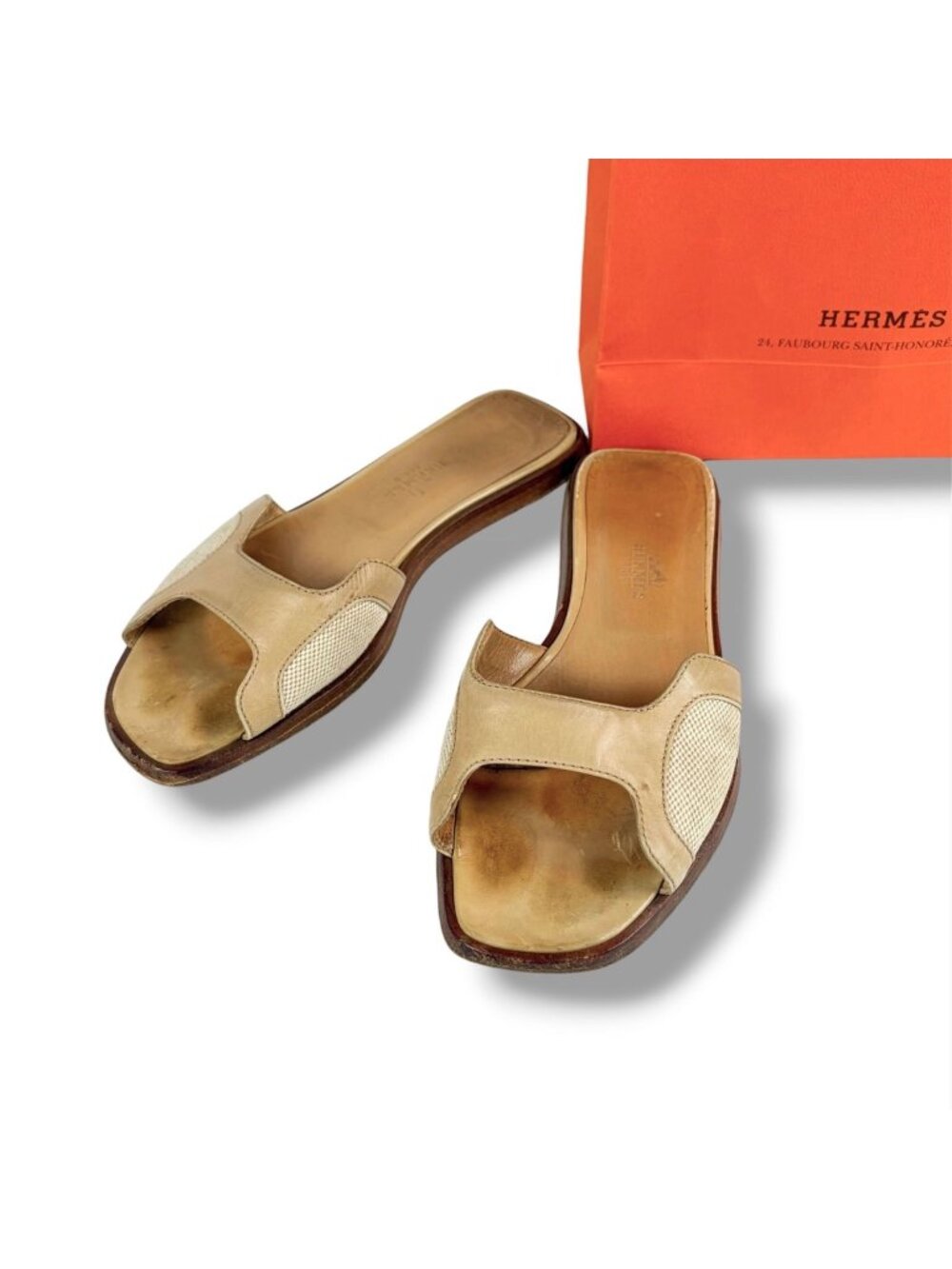 Hermes Cutout Flat Sandals Beige Leather Canvas